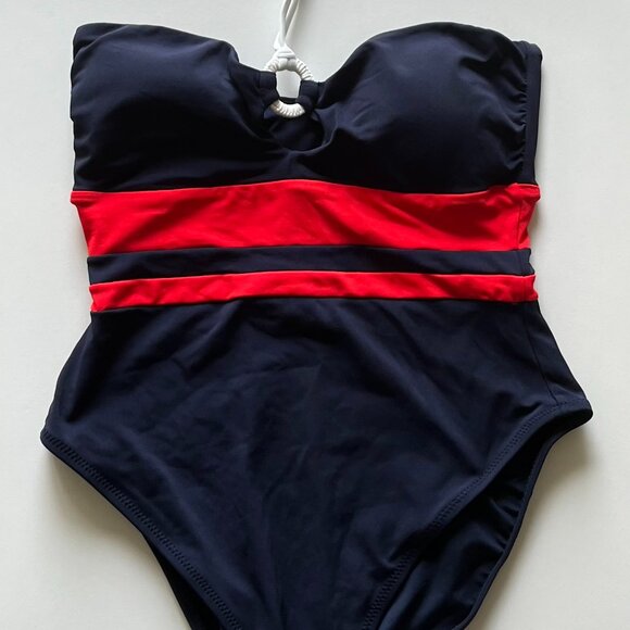 NWT Robin Piccone Babe Bandeau One Piece with Halter Neck in Navy Combo Size 12 - Picture 4 of 6